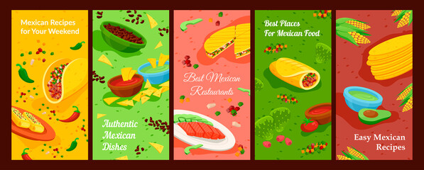 Collection of Mexican food banner vector flat illustration vertical placard with traditional food