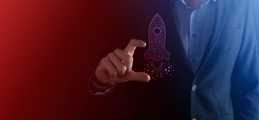 An empty workpiece. A businessman in a suit on a black background holds his hands protective gesture. A gesture of care and patronage.