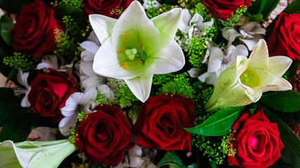 bouquet of white lilies and red roses