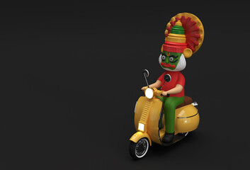 3D Render Kathakali Man Riding Motor Scooter Onam festival of South India Kerala.