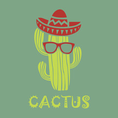 Cool cactus cartoon character mascot with Mexican hat and eyeglasses vector illustration isolated on green background