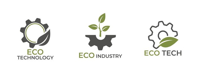 Eco technology logo set. gear and leaf icon. eco friendly and industry symbols