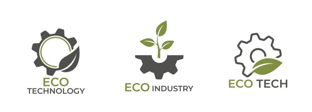 Eco technology logo set. gear and leaf icon. eco friendly and industry symbols