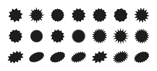 Callout star shapes. Starburst price sticker. Discount promo splash badge. Product tag labels. Set of star bursts. Black circle and oval boxes, stamps isolated on white background. Vector illustration