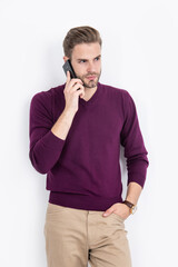 Hello. Handsome man talk on phone. Mobile technology. Phone conversation. Modern communication