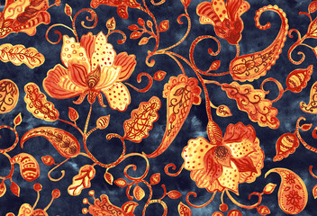 Paisley watercolor floral pattern tile: flowers, flores, tulips, leaves. Oriental indian traditional hand painted water color whimsical seamless print, ceramic design. Abstract india batik background