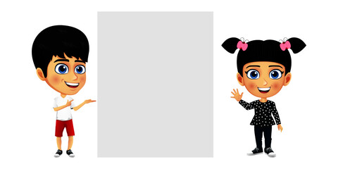 Happy kid boy and girl mascot character standing pointing to blank board with cheerful expression