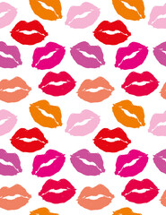 Fototapeta premium Sweet Pink, red and Orange Lips On a White Background. Funny Seamless Vector Pattern with Colorful Traces of Lipstick. Cute Valentine's Day Print ideal for fabric, Textile, Wrapping Paper.
