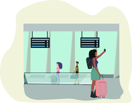 African afro woman traveler taking a selfie  at the escalator at the airport or train station. Art & Illustration