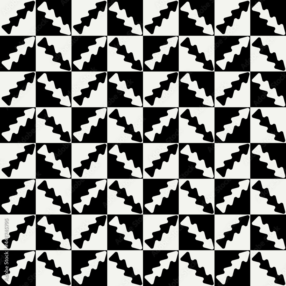 Poster Checkered tile and arrows. Diagonal black and white arrows and squared cells.