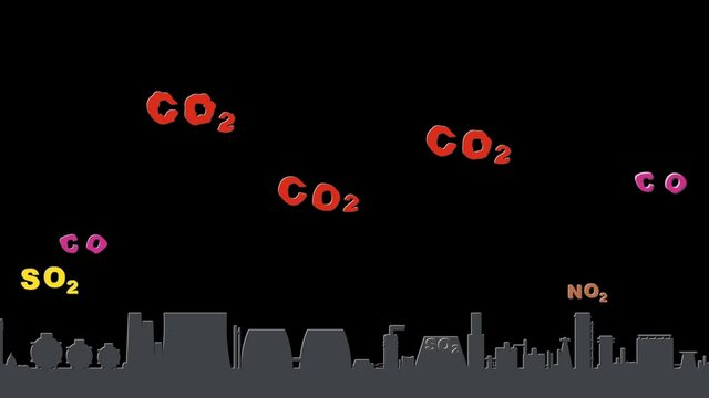 Animation of air pollution by enterprises and industry. Transparent background with alpha channel. Presence of substances in atmosphere that are harmful to health of humans or cause damage to climate.