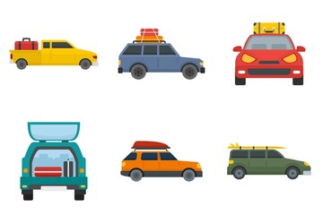 Travel on car icons set flat vector isolated