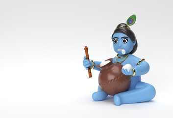 Little cartoon Krishna with a pot of butter. 3D Render illustration.