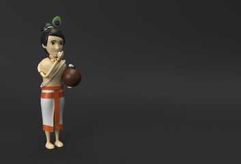 Little cartoon Krishna with a pot of butter. 3D Render illustration.