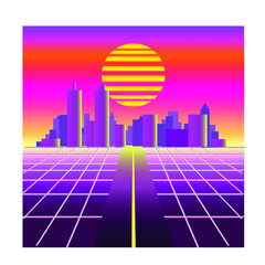 Vector retrowave cityscape illustration with road leading to skyscrapers