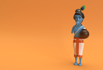 Little cartoon Krishna with a pot of butter. 3D Render illustration.