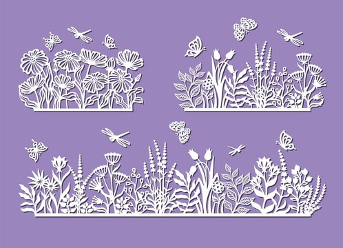 Set of silhouettes of a flower meadow. Flowerbed, field, garden with herbs, plants, leaves, chamomiles, poppies, lavender, insects, cute butterfly, dragonfly. Template for plotter laser cutting, cnc.