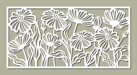 Decorative panel with a floral pattern. Rectangular frame with chamomile flowers, daisies, poppies, leaves. Vector template for plotter laser cutting of paper, metal engraving, wood carving, plywood. - obrazy, fototapety, plakaty