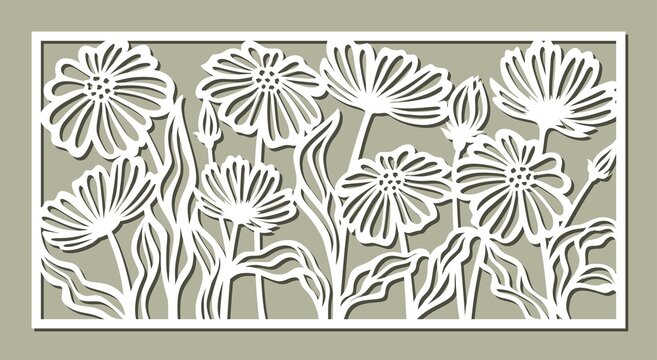 Decorative panel with a floral pattern. Rectangular frame with chamomile flowers, daisies, poppies, leaves. Vector template for plotter laser cutting of paper, metal engraving, wood carving, plywood.