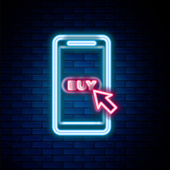 Glowing neon line Mobile phone and shopping cart icon isolated on brick wall background. Online buying symbol. Supermarket basket symbol. Colorful outline concept. Vector