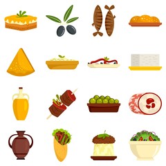 Greek cuisine icons set flat vector isolated