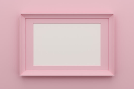 Pink frame with passepartout on a pink background. 3D rendering.