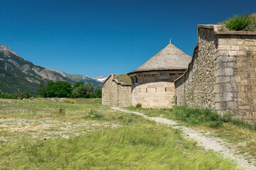 Interior fortification tower of the Unesco listed Mont-Dauphin fortress, french Vauban heritage with Alps mountains on the background