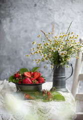 Fototapeta na wymiar Sweet fresh strawberry in vintage dishes. Ripe berries fruit, tasty ingredient for many dishes.