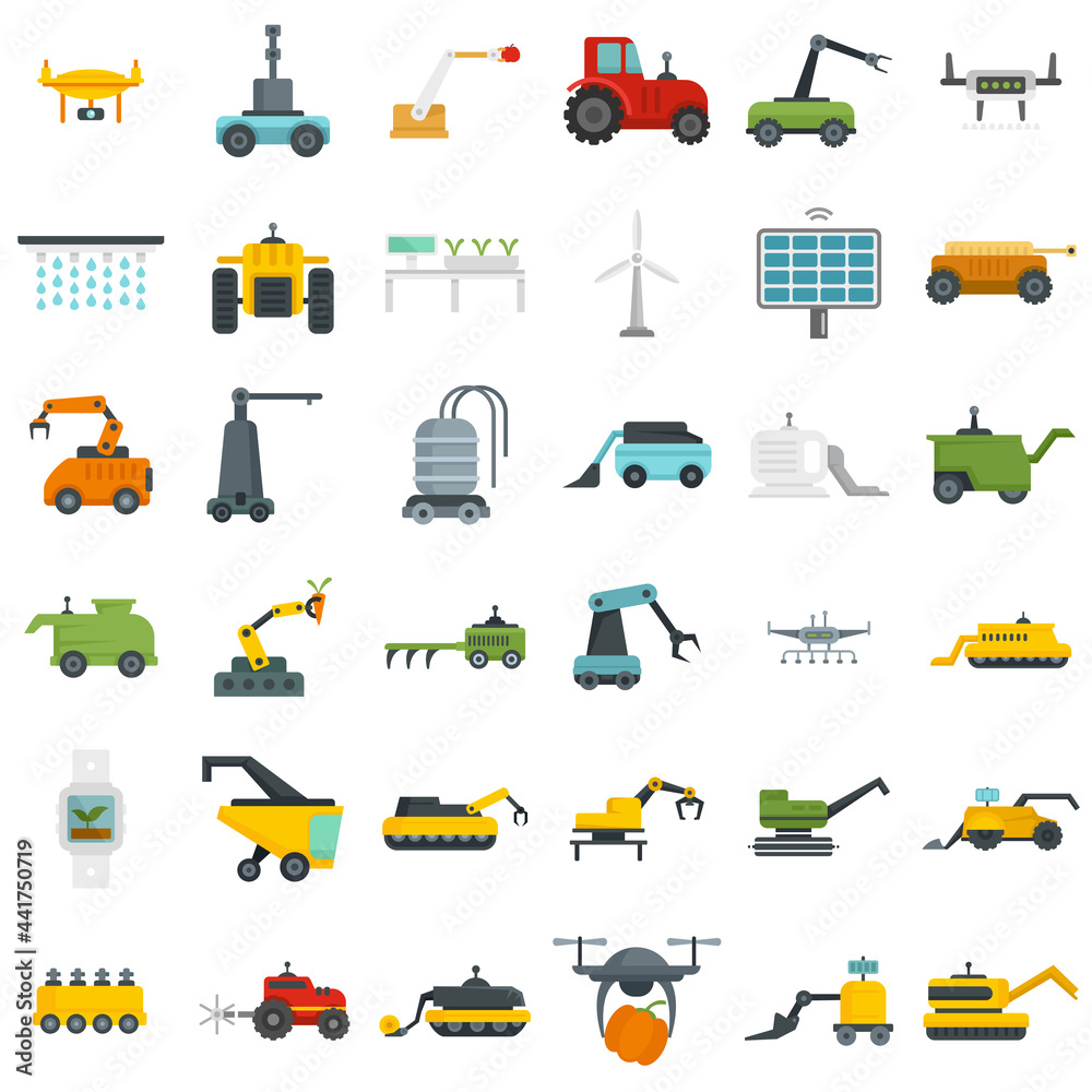 Sticker Farming robot icons set flat vector isolated