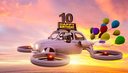 10 Jahre – Geburtstagskarte mit fliegendem Auto