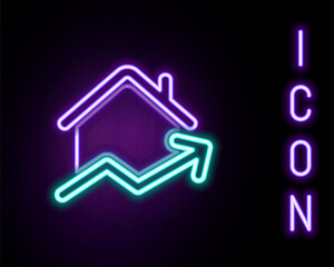 Glowing neon line Rising cost of housing icon isolated on black background. Rising price of real estate. Residential graph increases. Colorful outline concept. Vector
