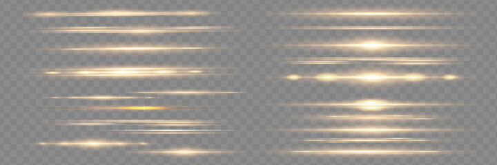 Set of yellow horizontal lens flares. Laser beams, horizontal light beams. Beautiful flashes of light. Glowing stripes on a dark background. Glowing abstract sparkling lined background.