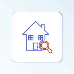 Fototapeta na wymiar Line Search house icon isolated on white background. Real estate symbol of a house under magnifying glass. Colorful outline concept. Vector