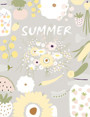 Summer poster. Vector illustration with vegetables, fruits and flowers for print, design, poster, banner, postcard, background.