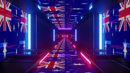 4K UHD tunnel with Australian flags ornaments 3D illustration