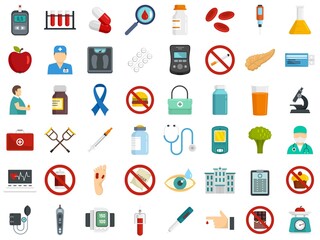 Diabetes icons set flat vector isolated