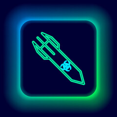 Glowing neon line Biohazard rocket icon isolated on black background. Rocket bomb flies down. Colorful outline concept. Vector