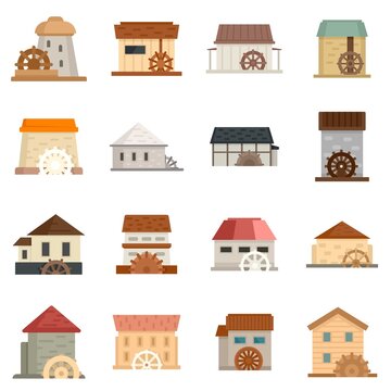 Water mill icons set flat vector isolated