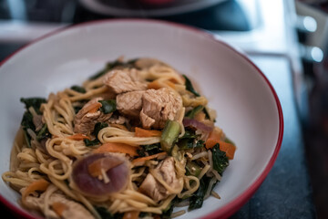 A close up of chicken stir fry with crispy vegetables and egg noodles in a bowl. Selective focus, shallow depth of field and bokeh