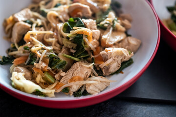 A close up of chicken stir fry with crispy vegetables and egg noodles in a bowl. Selective focus, shallow depth of field and bokeh