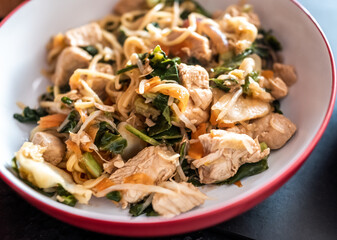 A close up of chicken stir fry with crispy vegetables and egg noodles in a bowl. Selective focus, shallow depth of field and bokeh