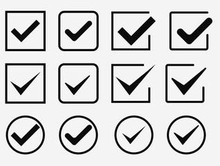 Vector black confirm icons set. Large set of flat buttons, crosses. Circle and square, hard and rounded corners.