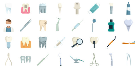 Tooth restoration icons set flat vector isolated