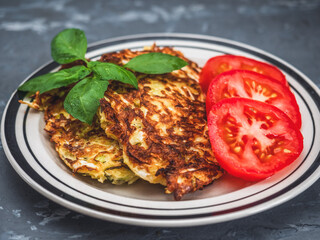 Vegan breakfast with cabbage pancakes and tomatoes and basil close-up on