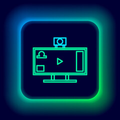 Glowing neon line Live streaming online videogame play icon isolated on black background. Colorful outline concept. Vector