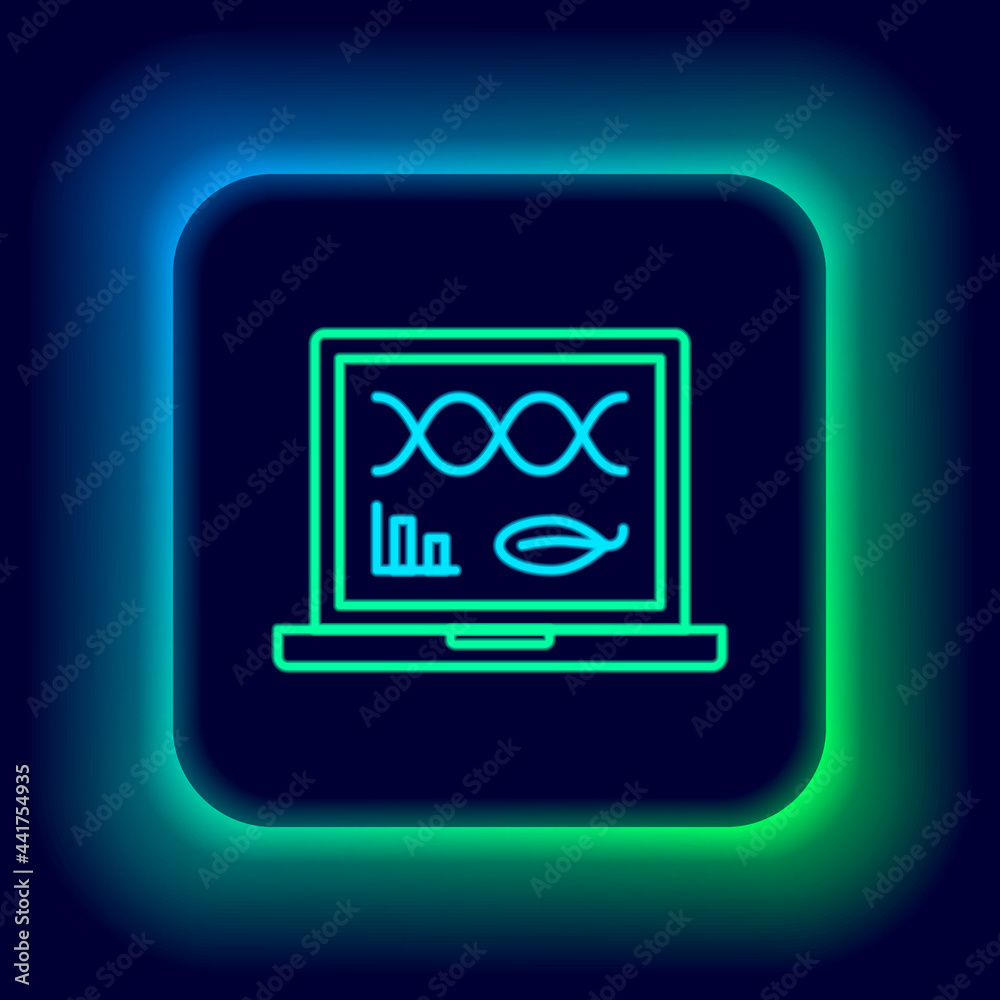 Poster Glowing neon line Genetic engineering modification on laptop icon isolated on black background. DNA analysis, genetics testing, cloning. Colorful outline concept. Vector