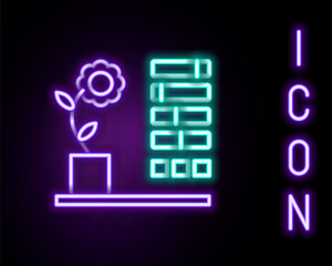 Glowing neon line Flower status icon isolated on black background. Colorful outline concept. Vector