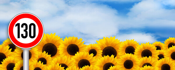 Sonnenblume und Schild Geschwindigkeit 130