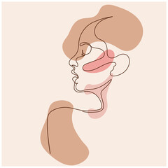 Girl in profile in one line in beige colors