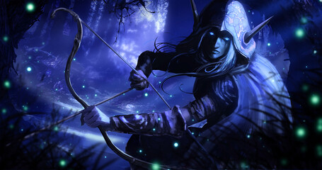 A sinister archer, a dark elf in a hood, looks sternly with her blue magic eyes, which glow in the middle of the night forest bathed in moonlight, in her hands a bow and arrow at the ready.  2D  art © warmtail